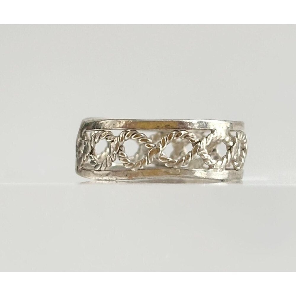 Crossover Rope Accented Cutout Sterling Silver 925 Vintage Ring - sz 3.75
